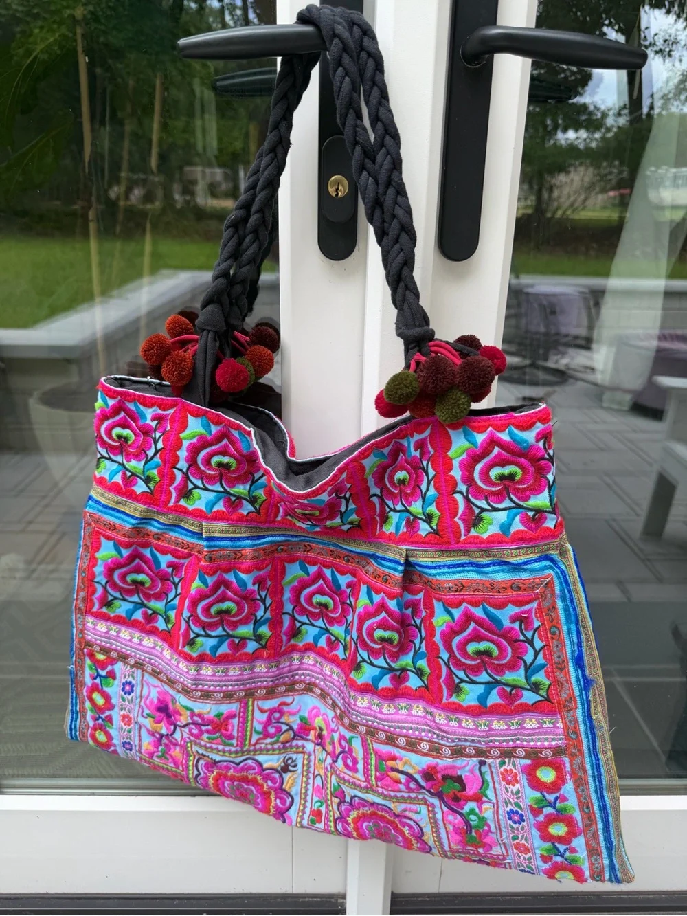 Expressions NYC Boho Embroidered Pom Pom Tote Bag